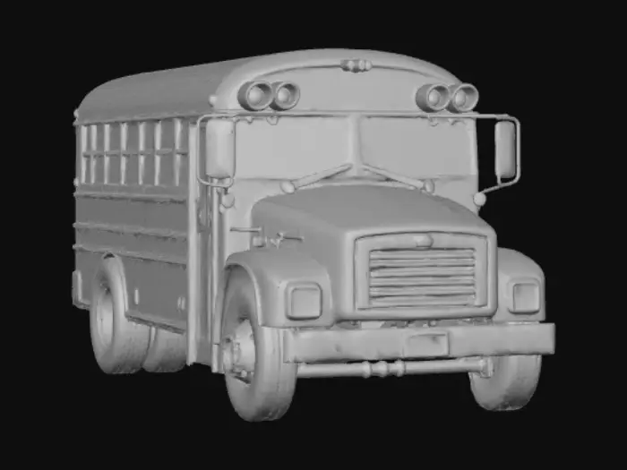 3D model for A classic school bus, transformed into a truly spooky vehicle. Its once vibrant yellow paint is now a dull, sickly ochre, covered in dark streaks and ominous grime. The windows are boarded up with haphazard planks or shattered, and a faint, eerie green glow emanates from within. Its oversized, deflated tires and slightly sagging frame suggest it's been abandoned, contributing to a chilling October vibe.