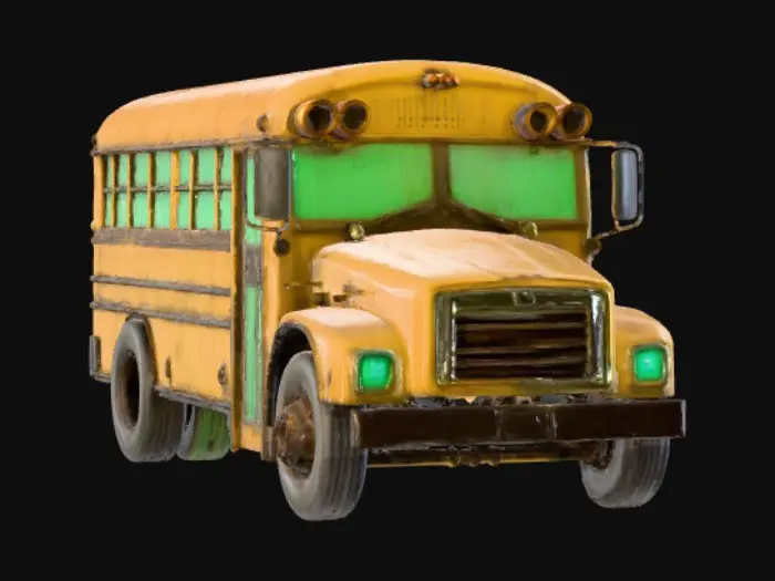 3D model for A classic school bus, transformed into a truly spooky vehicle. Its once vibrant yellow paint is now a dull, sickly ochre, covered in dark streaks and ominous grime. The windows are boarded up with haphazard planks or shattered, and a faint, eerie green glow emanates from within. Its oversized, deflated tires and slightly sagging frame suggest it's been abandoned, contributing to a chilling October vibe.