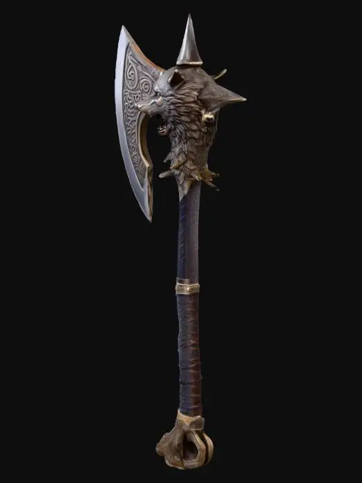 3D model for une hache a deux mains avec une tête de loup au milieu