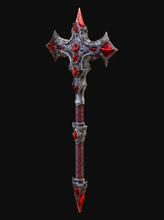 3D model for A Daedric Fire Hammer with a blood red jewel-encrusted in the middle of the sword Hammer, medieval style, heritage, fantasy, 4k, realistic, Game Assets, Highly Detailed, Ultra Realistic