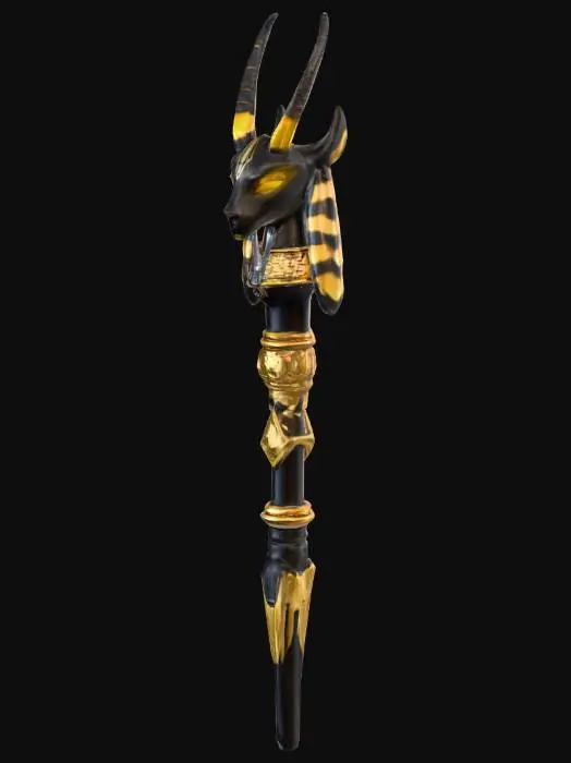 3D model for The Anubis Guardian’s staff
"A black and gold staff topped with Anubis' head, but with embedded nano-servos that cause the eyes to glow and shift. The base is lined with futuristic alloy, emitting a low hum as it scans time distortions. Occasionally, the Anubis head moves and speaks cryptic riddles. PBR materials: polished obsidian, aged gold, and glowing red accents.", #ChronoForgeWeapon#