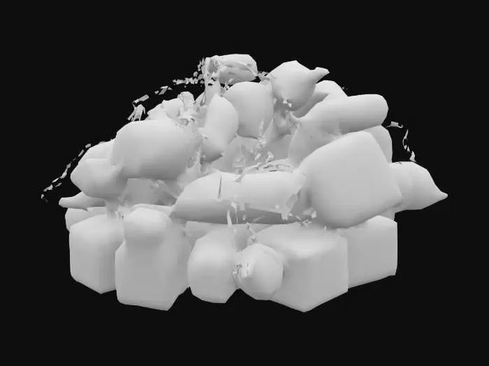 3D model for A low-poly floating trash bundle composed of plastic bottles, old fishing nets, and foam blocks. Pieces are semi-randomly rotated and grouped. Add a slow left-right floating animation. Some parts are partially submerged in water, suitable for both 2D and 3D views.