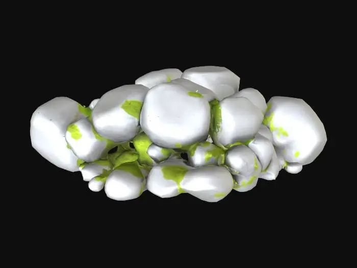 3D model for A low-poly underwater rock with smooth, rounded grey shapes. Sizes vary between small, medium, and large. Some rocks have patches of moss or algae on the surface. Suitable as static obstacles in both 2D and 3D ocean scenes.