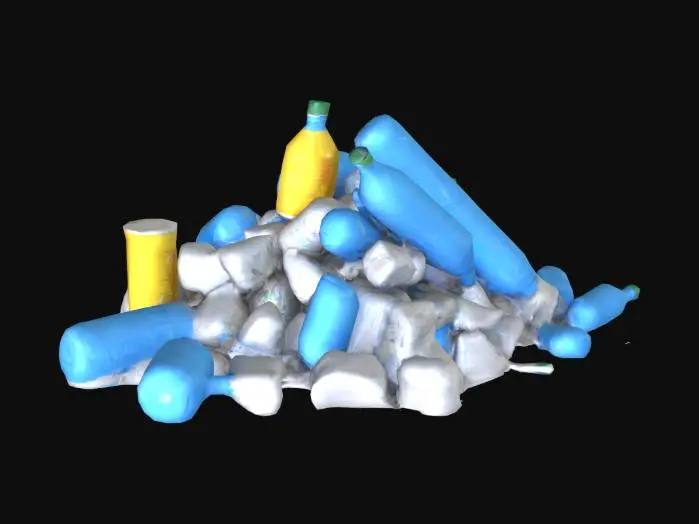 3D model for "A small low-poly ocean trash pile made of 4 to 5 pieces such as plastic bottles, aluminum cans, styrofoam chunks, and wrinkled plastic bags. The pieces are grouped closely together, partially overlapping. The colors include blue, yellow, grey for clear visibility. The trash floats on water, slightly bobbing with a side-to-side motion. Suitable for use as a lightweight obstacle in both 2D and 3D mobile games.