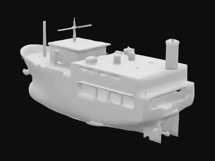 3D model for A massive low-poly cargo ship, 15 to 20 meters wide, partially submerged in water. The ship slowly enters the screen from the right, tilting slightly as it moves. It has dark navy or gray colors, with visible rust and worn paint. Designed to look heavy and threatening, it moves steadily to crush the player unless they escape underwater. Suitable for a third-person 3D mobile game environment.