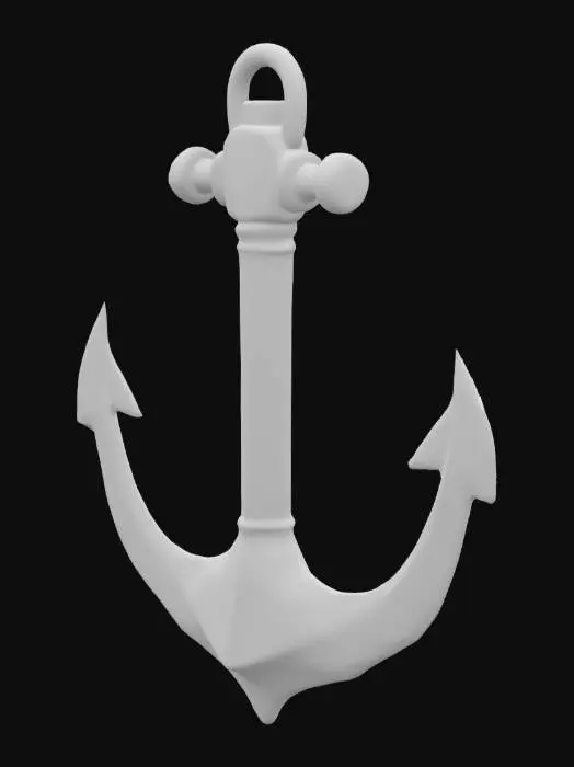3D model for A large low-poly anchor made of dark, rusted metal, approximately 2 to 3 meters in size. It rapidly drops from above the water surface, creating bubbles and a splash effect. The anchor appears heavy and impactful. After landing, it remains fixed on the sea floor. Designed to signal the arrival of a massive ship in a 3D mobile game environment.