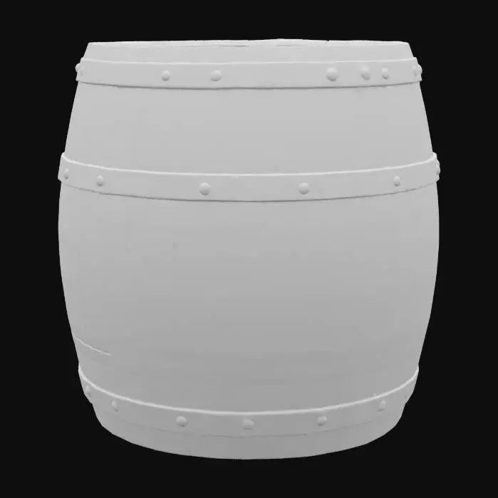 3D model for Realistic 3D model of a wooden barrel floating on the ocean. The barrel is weathered and wet, with visible wood grain texture and metal bands. It is partially submerged in gentle ocean waves under a clear sky with sunlight reflections on water. High detail, PBR texture, suitable for game or animation environment.