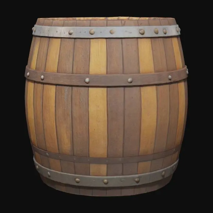3D model for Realistic 3D model of a wooden barrel floating on the ocean. The barrel is weathered and wet, with visible wood grain texture and metal bands. It is partially submerged in gentle ocean waves under a clear sky with sunlight reflections on water. High detail, PBR texture, suitable for game or animation environment.