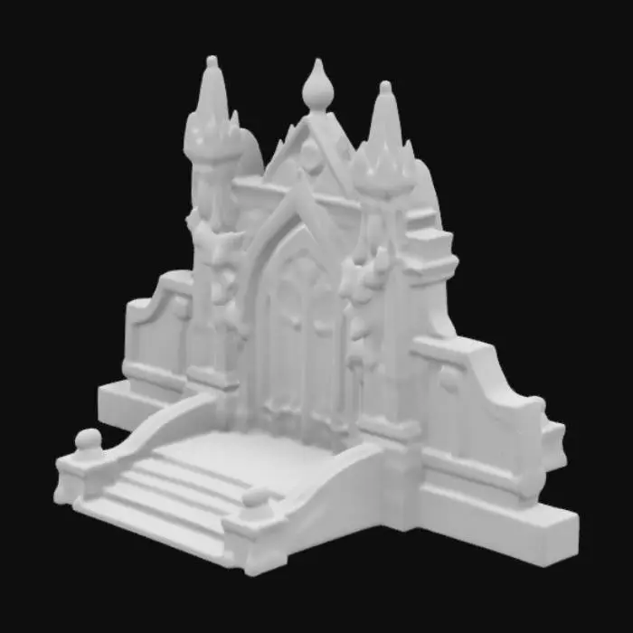 3D model for The object features a grand, symmetrical stone gate with intricate Gothic and mythological carvings, adorned with large, detailed statues of winged creatures, set on a broad staircase with elaborate architectural designs and a weathered texture, Realistic, Ultra realistic, Highly Detailed, #halloween#
and wall