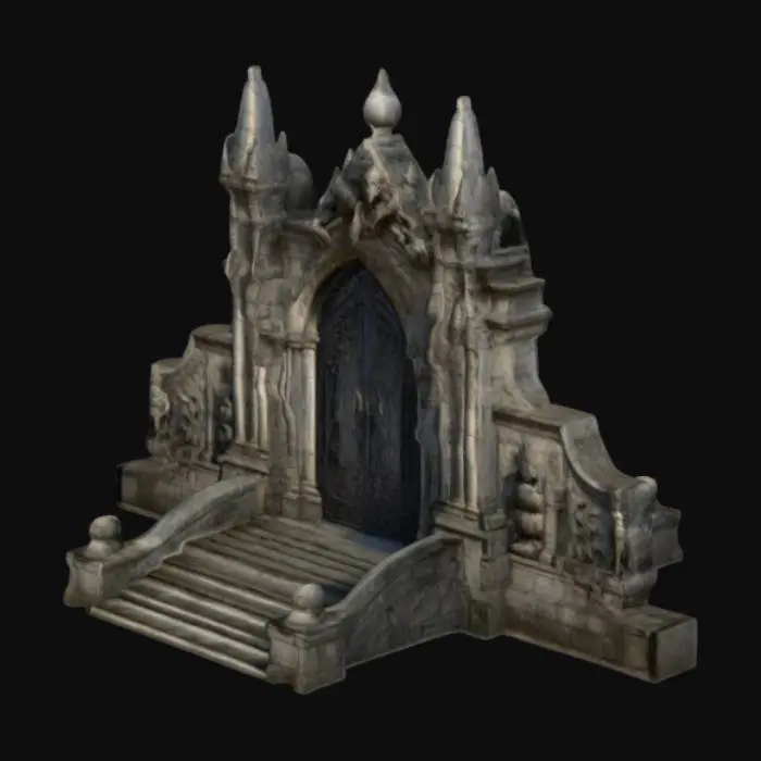 3D model for The object features a grand, symmetrical stone gate with intricate Gothic and mythological carvings, adorned with large, detailed statues of winged creatures, set on a broad staircase with elaborate architectural designs and a weathered texture, Realistic, Ultra realistic, Highly Detailed, #halloween#
and wall