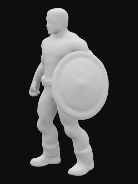 3D model for "A highly detailed, 3D model of Captain America in a dynamic action pose, unarmed yet exuding strength and determination. Inspired by George Pérez, Jamie Hewlett, and Jim Lee, the design blends classic comic-book aesthetics with realistic textures. His suit features intricate fabric details, battle scars, and a weathered star emblem. The pose showcases his heroic stance, with dramatic lighting enhancing depth and energy."