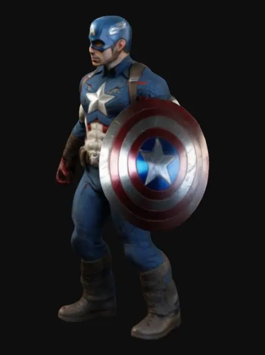 3D model for "A highly detailed, 3D model of Captain America in a dynamic action pose, unarmed yet exuding strength and determination. Inspired by George Pérez, Jamie Hewlett, and Jim Lee, the design blends classic comic-book aesthetics with realistic textures. His suit features intricate fabric details, battle scars, and a weathered star emblem. The pose showcases his heroic stance, with dramatic lighting enhancing depth and energy."