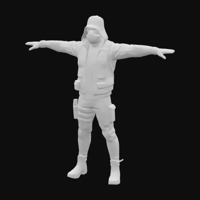 3D model for Create a realistic 3D male parkour and hacker style  FIT BODY character in T-pose for humanoid rigging. Outfit: black hooded jacket with tight arms and open zip , Tight black color pants, parkour boots, and a black face mask with some designs covering below the eyes. Wears a black baseball cap. Materials: nylon, tactical fabric. little bit realistic folds and details.
