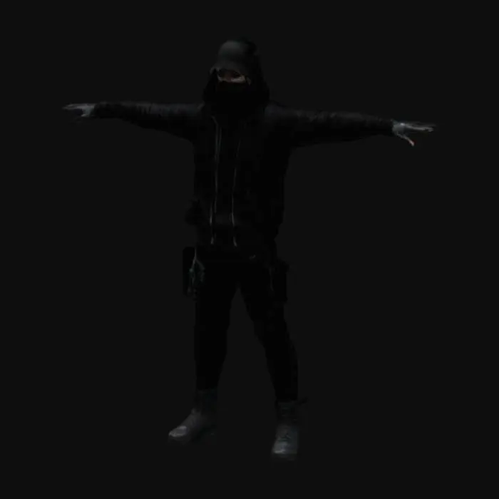 3D model for Create a realistic 3D male parkour and hacker style  FIT BODY character in T-pose for humanoid rigging. Outfit: black hooded jacket with tight arms and open zip , Tight black color pants, parkour boots, and a black face mask with some designs covering below the eyes. Wears a black baseball cap. Materials: nylon, tactical fabric. little bit realistic folds and details.
