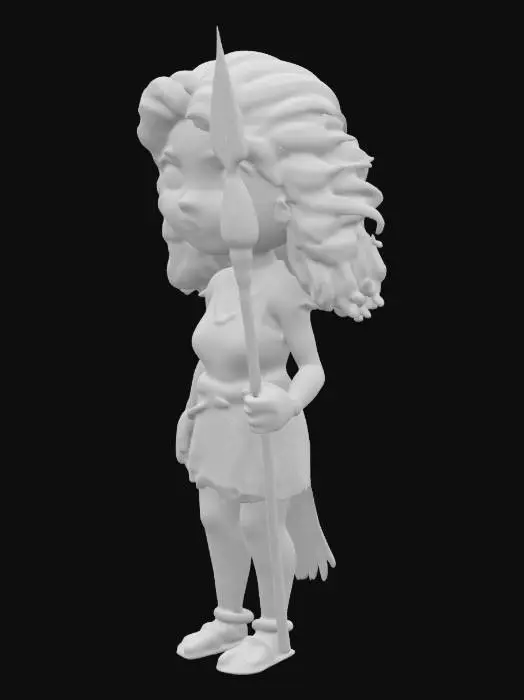 3D model for Cartoon-style 3D model of a young Ecuadorian Amazonian indigenous woman in her twenties. She has coppery skin, bright dark eyes, and a delicate face with a serene expression. Her medium-length, jet-black hair is slightly wavy and loose. She wears a short tunic woven from natural fibers dyed red with yellow tribal patterns. She wears a blue leather belt. She wears thick-soled bark sandals. She carries a short, wooden spear with a volcanic rock tip.