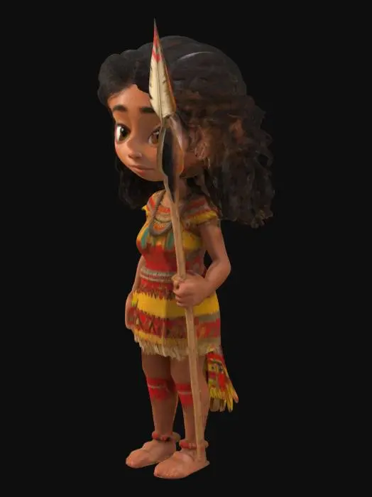 3D model for Cartoon-style 3D model of a young Ecuadorian Amazonian indigenous woman in her twenties. She has coppery skin, bright dark eyes, and a delicate face with a serene expression. Her medium-length, jet-black hair is slightly wavy and loose. She wears a short tunic woven from natural fibers dyed red with yellow tribal patterns. She wears a blue leather belt. She wears thick-soled bark sandals. She carries a short, wooden spear with a volcanic rock tip.