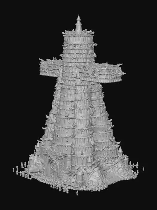 3D model for #Halloween2025#, A colossal, towering birthday cake forms a magnificent confectionery skyscraper, boasting hundreds of impossibly stacked tiers. Each vibrant pumpkin-orange sponge tier exhibits a soft, velvety texture, meticulously detailed with glossy, obsidian black glaze cascading down its sides. The monumental structure is adorned with an array of intricate, Halloween-themed black fondant toppings, including miniature ghosts, bats, and spiders, creating an epic, awe-inspiring edible marvel.