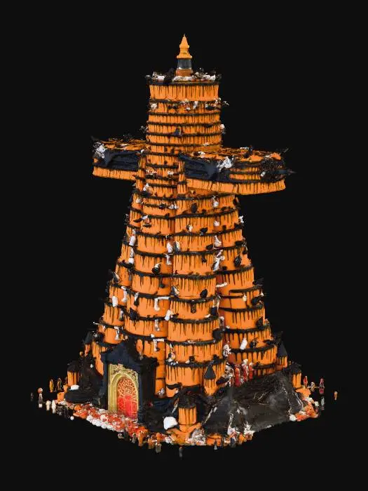 3D model for #Halloween2025#, A colossal, towering birthday cake forms a magnificent confectionery skyscraper, boasting hundreds of impossibly stacked tiers. Each vibrant pumpkin-orange sponge tier exhibits a soft, velvety texture, meticulously detailed with glossy, obsidian black glaze cascading down its sides. The monumental structure is adorned with an array of intricate, Halloween-themed black fondant toppings, including miniature ghosts, bats, and spiders, creating an epic, awe-inspiring edible marvel.