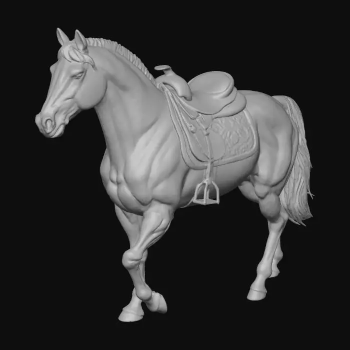 3D model for #Halloween2025#, A majestic, muscular black horse mount stands dynamically, its sleek coat gleaming with a fine, short-haired texture. It possesses a powerful build, detailed with expressive eyes and a slightly open mouth suggesting a gentle neigh. A vibrant, richly textured orange leather saddle, detailed with intricate stitching and silver buckles, firmly rests on its back, inviting touch.