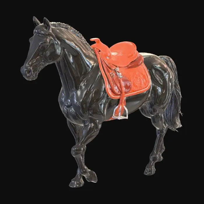 3D model for #Halloween2025#, A majestic, muscular black horse mount stands dynamically, its sleek coat gleaming with a fine, short-haired texture. It possesses a powerful build, detailed with expressive eyes and a slightly open mouth suggesting a gentle neigh. A vibrant, richly textured orange leather saddle, detailed with intricate stitching and silver buckles, firmly rests on its back, inviting touch.
