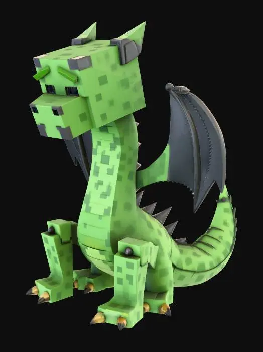 3D model for A low-poly 3D Minecraft boss monster. It is a hybrid between a classic Creeper and an Ender Dragon. The body is a long, serpentine dragon with four spindly, tall creeper-style legs. The head is a large, pixelated square Creeper head with a terrifying 'sad' expression and hollow, glowing white eyes. The skin is a dark green, pixelated mossy texture with black charcoal spots. It has tattered, dark wings like a dragon. Style: Minecraft aesthetic, 16-bit textures, horror, blocky, high-detail voxel art and minecrafty