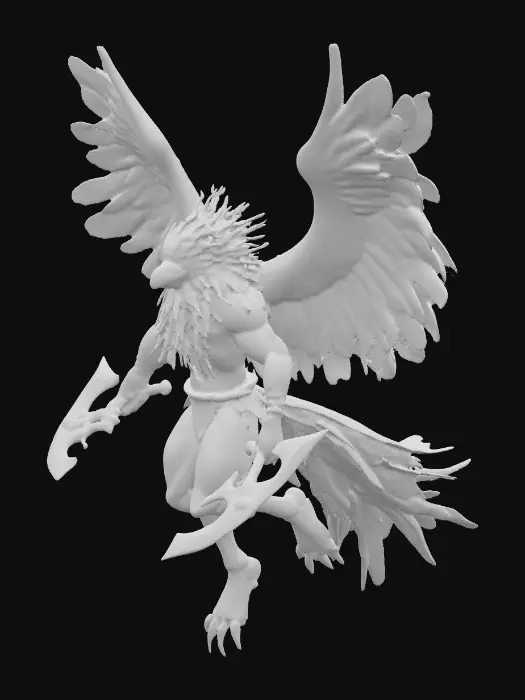 3D model for A muscular yet agile anthropomorphic bipedal Pitohui Skyrider, blending human and avian characteristics. Its plumage displays natural rich red, black, and subtle yellow accents, seamlessly integrated into sleek, form-fitting armor. The figure wields dual, sharp one-handed axes. Its eyes possess a noticeable glint. The Skyrider is captured in a dynamic aerial pose, with feathers slightly ruffled, emphasizing its predatory form and vibrant coloration., #PBR#