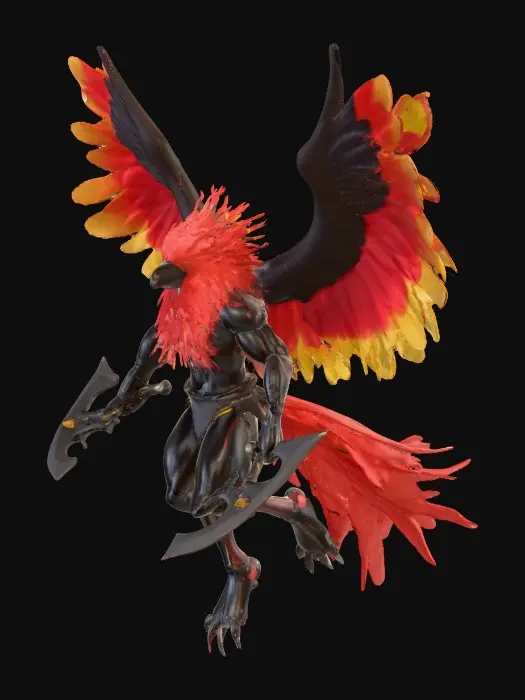 3D model for A muscular yet agile anthropomorphic bipedal Pitohui Skyrider, blending human and avian characteristics. Its plumage displays natural rich red, black, and subtle yellow accents, seamlessly integrated into sleek, form-fitting armor. The figure wields dual, sharp one-handed axes. Its eyes possess a noticeable glint. The Skyrider is captured in a dynamic aerial pose, with feathers slightly ruffled, emphasizing its predatory form and vibrant coloration., #PBR#