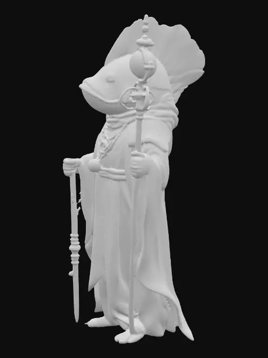 3D model for A gentle anthropomorphic bipedal Sunfish healer, featuring a rounded, iconic sunfish shape. It wears smooth silver plates that shimmer like sunlight, complemented by flowing off-white mystical robes with blue and golden aquatic accents, resembling ocean currents. A tall staff, crowned with a glowing pearl, radiates warm golden-blue light. A subtle aura of refracted sunlight softly envelops the figure, embodying a serene and celestial presence., #PBR#