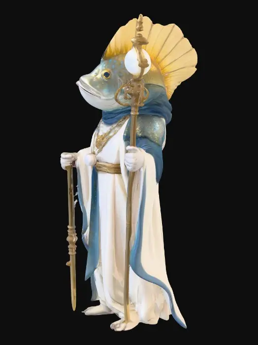 3D model for A gentle anthropomorphic bipedal Sunfish healer, featuring a rounded, iconic sunfish shape. It wears smooth silver plates that shimmer like sunlight, complemented by flowing off-white mystical robes with blue and golden aquatic accents, resembling ocean currents. A tall staff, crowned with a glowing pearl, radiates warm golden-blue light. A subtle aura of refracted sunlight softly envelops the figure, embodying a serene and celestial presence., #PBR#