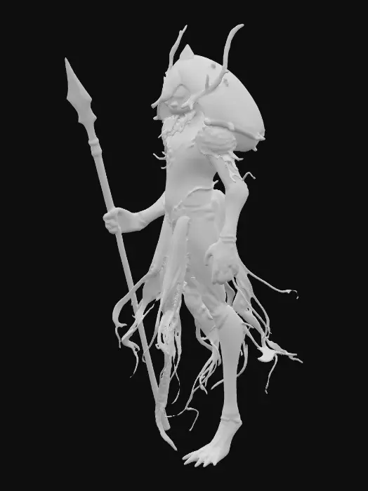 3D model for A tall, lean, and menacing anthropomorphic Box Jellyfish poison DPS exhibits a translucent body faintly glowing with ghostly bioluminescent light. Its arms extend into venomous stinging tentacles, while its legs remain humanoid. Elegant, menacing armor, forged from solid pearl material, shimmers with iridescent seashell hues, appearing fully opaque and contrasting with its ethereal form. It wields a deadly harpoon spear, carved from pearl and coral, glowing faintly with aquatic energy, contributing to an eerie yet majestic aesthetic., #PBR#