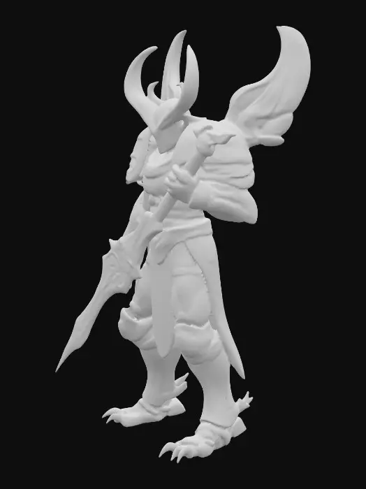 3D model for A massively bulky anthropomorphic bipedal Goliath Scarab warrior, featuring a rounded, beetle-like physique and thick natural carapace plating. Its armor mirrors iridescent scarab colors—a black base shimmering with emerald, violet, and copper hues—segmented and jagged like a living exoskeleton, with faint glowing veins of scarab energy. The figure wields a colossal dadao-style greatsword with chitin-inspired serrations. Insectoid details include a mandible-like helmet, antenna-like horns, and glowing, piercing eyes, with thick, claw-tipped humanoid hands and feet., #PBR#