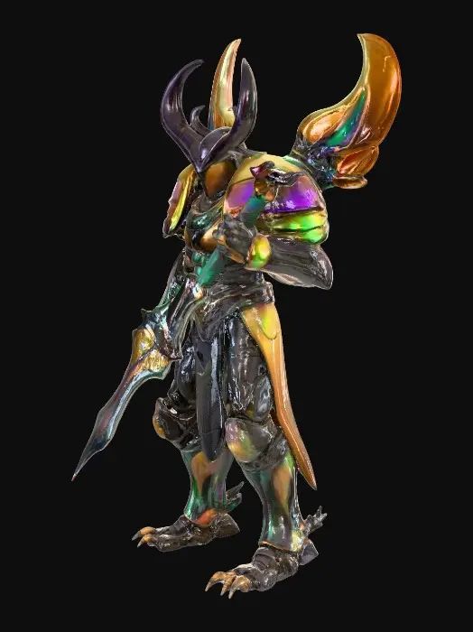 3D model for A massively bulky anthropomorphic bipedal Goliath Scarab warrior, featuring a rounded, beetle-like physique and thick natural carapace plating. Its armor mirrors iridescent scarab colors—a black base shimmering with emerald, violet, and copper hues—segmented and jagged like a living exoskeleton, with faint glowing veins of scarab energy. The figure wields a colossal dadao-style greatsword with chitin-inspired serrations. Insectoid details include a mandible-like helmet, antenna-like horns, and glowing, piercing eyes, with thick, claw-tipped humanoid hands and feet., #PBR#