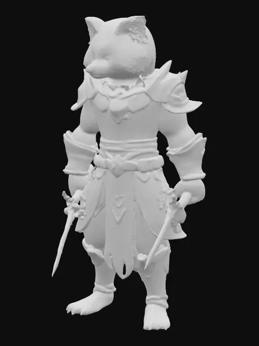 3D model for An agile and athletic anthropomorphic Red Panda warrior glows with primal forest energy. His sleek, overlapping armor plates are colored deep rusty orange, black, and white, with subtle green forest runes etched into the metal. He wields dual one-handed swords crafted from dark steel, infused with glowing emerald veins that pulse like living wood, emitting a misty green aura. His low, predatory stance and flowing, lightly armored tail emphasize speed. His face combines red panda charm with a fierce expression and glowing eyes., #PBR#