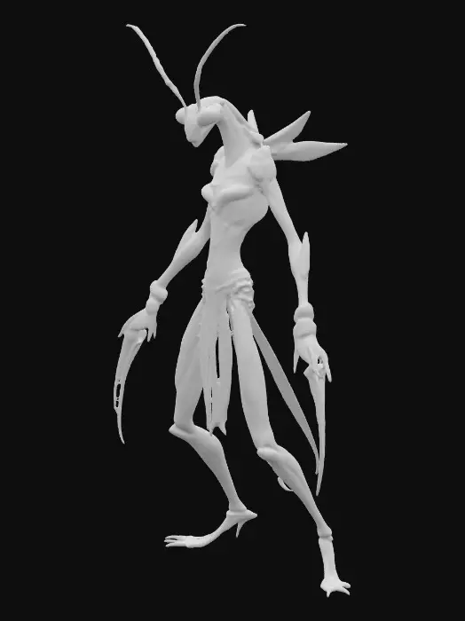 3D model for An agile, muscular anthropomorphic Duskborn assassin, fused with a Devil’s Flower Mantis, has a lean bipedal form with elongated, insectoid forearms naturally shaped like sharp, faintly glowing venomous blades. Its skin and armor mimic the mantis’s exotic orange, brown, and black patterns, sleek and segmented like a natural carapace. The head features angular mantis eyes with a menacing gleam and subtle antennae. Its stance is predatory and dynamic, poised for a silent strike, embodying deadly elegance., #PBR#