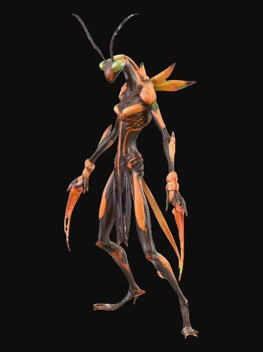 3D model for An agile, muscular anthropomorphic Duskborn assassin, fused with a Devil’s Flower Mantis, has a lean bipedal form with elongated, insectoid forearms naturally shaped like sharp, faintly glowing venomous blades. Its skin and armor mimic the mantis’s exotic orange, brown, and black patterns, sleek and segmented like a natural carapace. The head features angular mantis eyes with a menacing gleam and subtle antennae. Its stance is predatory and dynamic, poised for a silent strike, embodying deadly elegance., #PBR#