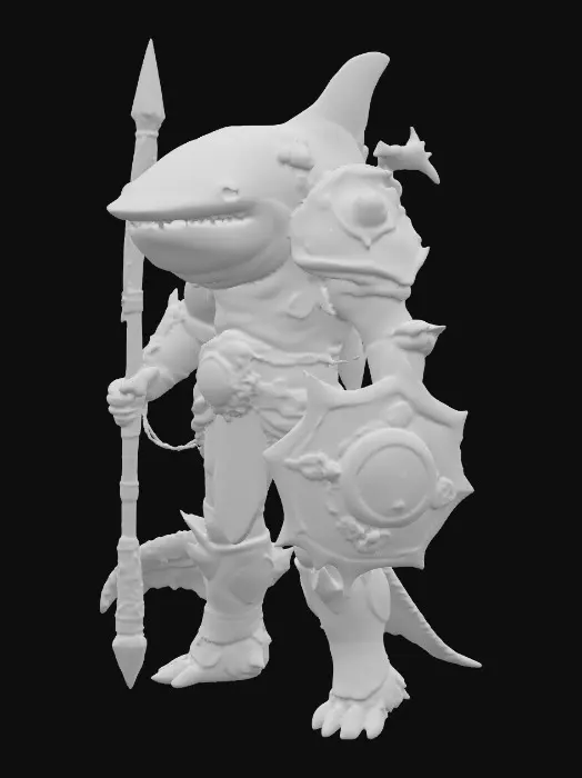 3D model for A colossal anthropomorphic Tideforged Tanker, fused with a Whale Shark, stands upright with a massive, broad build and an iconic wide, flat head dotted with large, natural Whale Shark patterns. It is clad in heavy deep-sea-inspired armor plates covering its chest, shoulders, and limbs, integrated with subtle barnacle, coral, and abyssal textures. It wields a gigantic flail with spiked deep-sea nodes and a massive rectangular spiked shield, both exhibiting coral-like spikes and faint bioluminescent glows along their edges., #PBR#