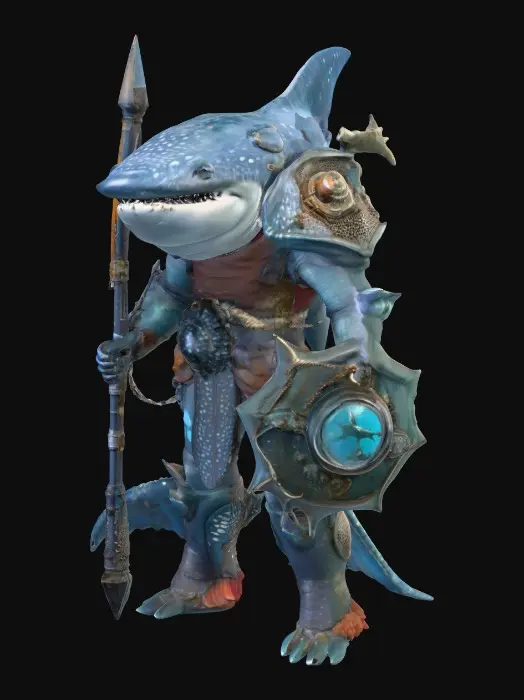3D model for A colossal anthropomorphic Tideforged Tanker, fused with a Whale Shark, stands upright with a massive, broad build and an iconic wide, flat head dotted with large, natural Whale Shark patterns. It is clad in heavy deep-sea-inspired armor plates covering its chest, shoulders, and limbs, integrated with subtle barnacle, coral, and abyssal textures. It wields a gigantic flail with spiked deep-sea nodes and a massive rectangular spiked shield, both exhibiting coral-like spikes and faint bioluminescent glows along their edges., #PBR#