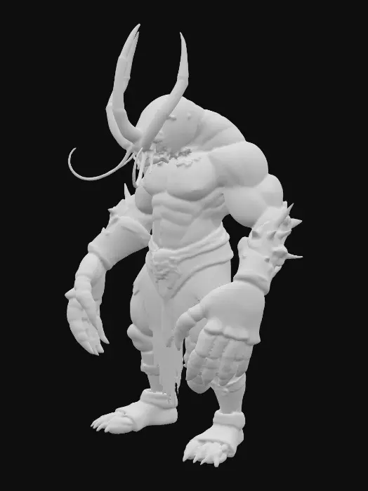 3D model for An imposing anthropomorphic Tideforged melee warrior, fused with a Giant Reef Lobster, boasts a muscular, broad humanoid torso and massive lobster claws that form sharp, deadly weapons. Armor plates seamlessly integrate with his chitin, reflecting deep ocean reds, oranges, and subtle iridescent highlights. A powerful segmented tail, agile and prehensile, extends behind him. His eyes glow with predatory focus, and antennae sweep back menacingly in an aggressive, strike-ready stance, emphasizing brute strength and underwater agility., #PBR#