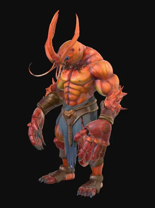 3D model for An imposing anthropomorphic Tideforged melee warrior, fused with a Giant Reef Lobster, boasts a muscular, broad humanoid torso and massive lobster claws that form sharp, deadly weapons. Armor plates seamlessly integrate with his chitin, reflecting deep ocean reds, oranges, and subtle iridescent highlights. A powerful segmented tail, agile and prehensile, extends behind him. His eyes glow with predatory focus, and antennae sweep back menacingly in an aggressive, strike-ready stance, emphasizing brute strength and underwater agility., #PBR#