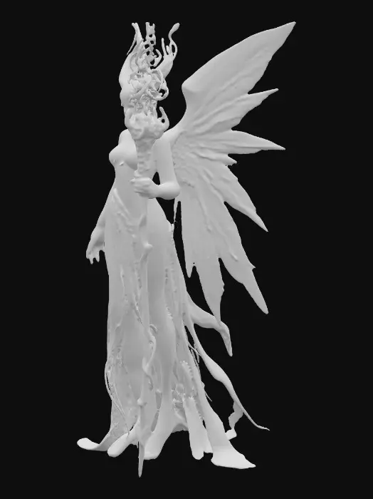 3D model for An ethereal humanoid Tideforged healer, fused with a Sea Angel (Clione), appears ghostly and semi-translucent with a slender, graceful body. Delicate wing-like fin appendages extend from its back, flowing as if gliding through water. Its skin shimmers faintly with soft bioluminescent hues of pale blues and whites. Minimal flowing robes or fabric-like fins adorn its waist and lower limbs. It holds a luminous, organic staff resembling flowing ice or coral, emitting soft waves of restorative light, with glowing eyes conveying serenity., #PBR#