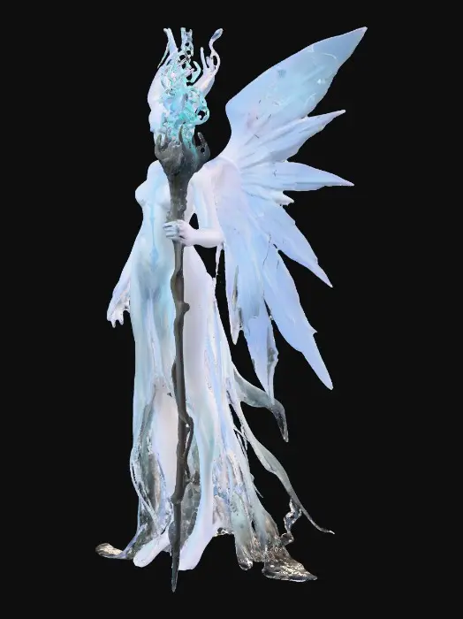 3D model for An ethereal humanoid Tideforged healer, fused with a Sea Angel (Clione), appears ghostly and semi-translucent with a slender, graceful body. Delicate wing-like fin appendages extend from its back, flowing as if gliding through water. Its skin shimmers faintly with soft bioluminescent hues of pale blues and whites. Minimal flowing robes or fabric-like fins adorn its waist and lower limbs. It holds a luminous, organic staff resembling flowing ice or coral, emitting soft waves of restorative light, with glowing eyes conveying serenity., #PBR#
