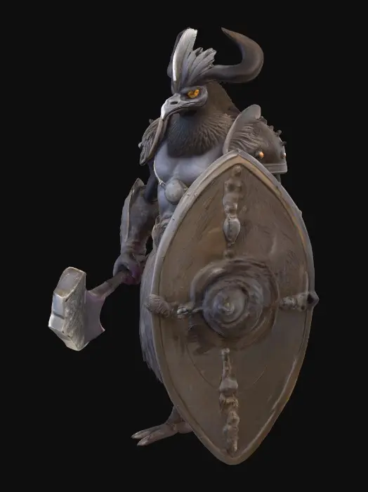 3D model for A massive anthropomorphic Emu tanker warrior exhibits a bulky, muscular torso and towering emu-like legs. Its human-shaped face features a short emu beak, piercing avian eyes, and a crown of coarse feathers. Human arms display short, rigid feathers along the backs, creating a vestigial wing-like silhouette. Clad in heavy tanker plate armor with ornate golden ridges and storm-forged purple crystal engravings, it wields a one-handed purple crystal mace glowing with storm energy, and a huge, battered shield of fused gold and purple crystals., #PBR#