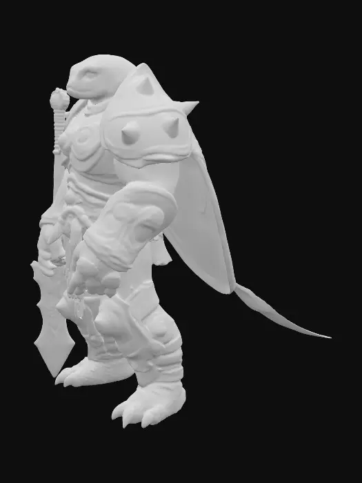 3D model for A colossal, muscular, and towering humanoid, fused with a giant sea turtle, possesses a dark iridescent shell with heavy tanker armor seamlessly integrated. It wields a massive two-handed mace, forged from deep ocean crystals. Thick arms and legs support its grounded, immovable stance. Its helmet mirrors its turtle head, exuding immense strength and a mystical oceanic presence., #PBR#