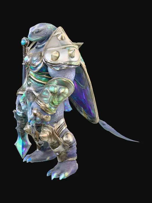3D model for A colossal, muscular, and towering humanoid, fused with a giant sea turtle, possesses a dark iridescent shell with heavy tanker armor seamlessly integrated. It wields a massive two-handed mace, forged from deep ocean crystals. Thick arms and legs support its grounded, immovable stance. Its helmet mirrors its turtle head, exuding immense strength and a mystical oceanic presence., #PBR#