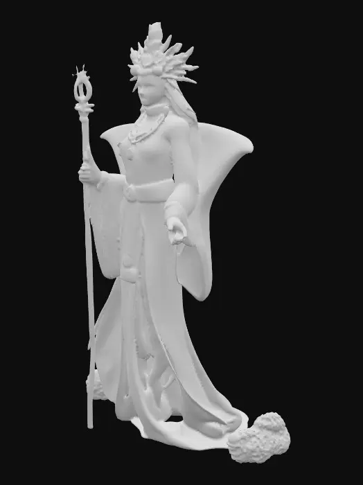 3D model for A humanoid celestial healer with manta ray features. Graceful wing-like fins extend from its arms and back, iridescent in ocean hues and glowing with bioluminescence. Its serene human face is crowned with delicate coral and pearl ornaments. Long, elegant robes, made of translucent membrane-like textures, shift as if with currents. It holds a radiant staff, shaped from seashells and coral, which glows with soft healing energy, emanating an aura of light and shimmering water., #PBR#