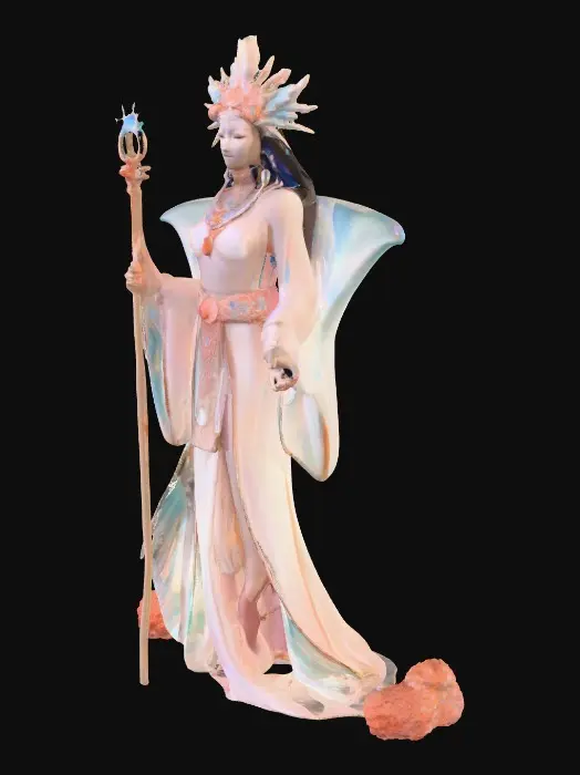 3D model for A humanoid celestial healer with manta ray features. Graceful wing-like fins extend from its arms and back, iridescent in ocean hues and glowing with bioluminescence. Its serene human face is crowned with delicate coral and pearl ornaments. Long, elegant robes, made of translucent membrane-like textures, shift as if with currents. It holds a radiant staff, shaped from seashells and coral, which glows with soft healing energy, emanating an aura of light and shimmering water., #PBR#