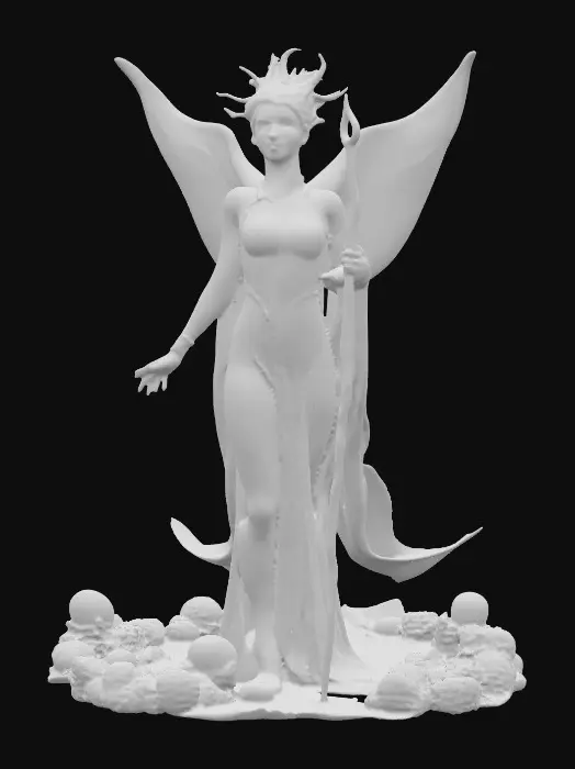 3D model for A humanoid celestial healer with manta ray features. Graceful wing-like fins extend from its arms and back, iridescent in ocean hues and glowing with bioluminescence. Its serene human face is crowned with delicate coral and pearl ornaments. Long, elegant robes, made of translucent membrane-like textures, shift as if with currents. It holds a radiant staff, shaped from seashells and coral, which glows with soft healing energy, emanating an aura of light and shimmering water., #PBR#