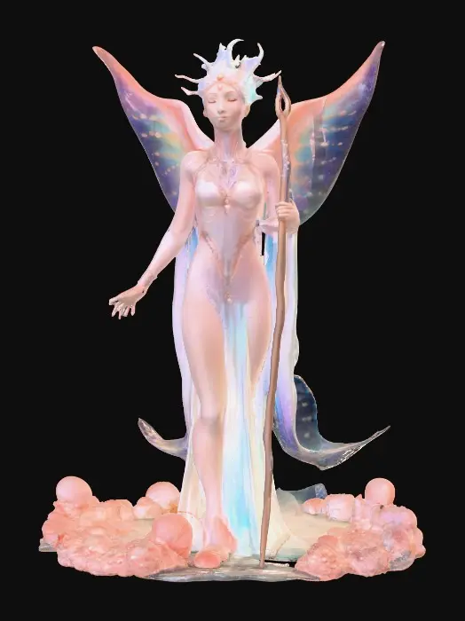 3D model for A humanoid celestial healer with manta ray features. Graceful wing-like fins extend from its arms and back, iridescent in ocean hues and glowing with bioluminescence. Its serene human face is crowned with delicate coral and pearl ornaments. Long, elegant robes, made of translucent membrane-like textures, shift as if with currents. It holds a radiant staff, shaped from seashells and coral, which glows with soft healing energy, emanating an aura of light and shimmering water., #PBR#