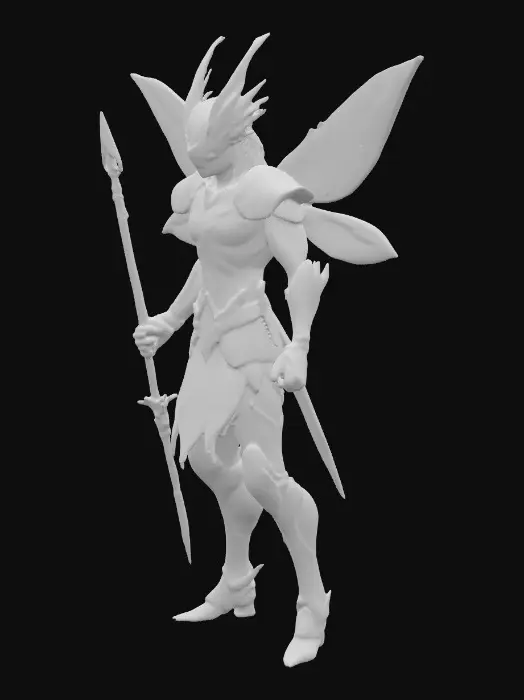 3D model for An agile, lithe, and muscular anthropomorphic bipedal Firefly warrior has a human face with a small bioluminescent crest. Its armor, fused with iridescent deep green, amber, and gold hues, features sleek plates. Partially armored luminescent wings allow for a swift aerial presence. It wields two short spears per hand, each pulsing with electric energy and arcs of neon lightning. Subtle electric currents run along its limbs and torso, emphasizing its lethal agility and precision., #PBR#