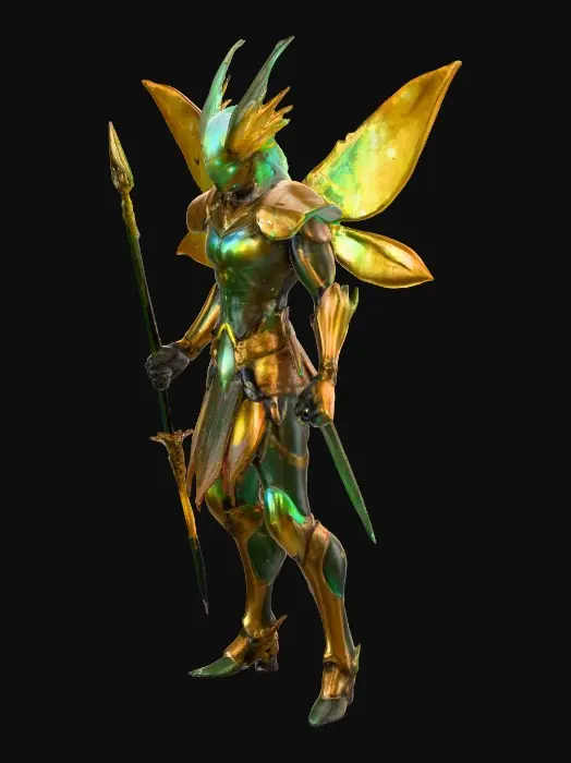 3D model for An agile, lithe, and muscular anthropomorphic bipedal Firefly warrior has a human face with a small bioluminescent crest. Its armor, fused with iridescent deep green, amber, and gold hues, features sleek plates. Partially armored luminescent wings allow for a swift aerial presence. It wields two short spears per hand, each pulsing with electric energy and arcs of neon lightning. Subtle electric currents run along its limbs and torso, emphasizing its lethal agility and precision., #PBR#